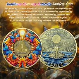 Delicate Sunflower 1 Month Sobriety Coin - One Day at A Time 30 Day AA Sobriety Chip - Recovery Butterfly NA AA Chips and Medallions - 1-40 Years Living Clean Alcoholics Anonymous Gifts for Men Women
