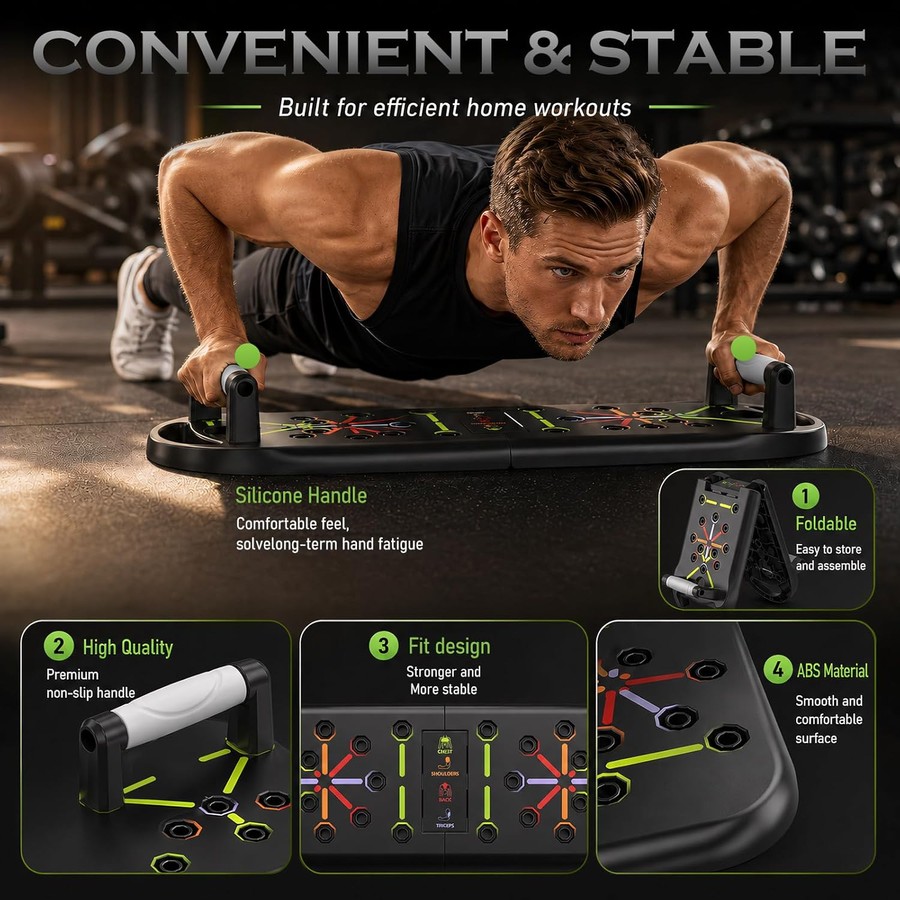 Foldable Push Up Board for Home Workout, Portable Pushup Bar System with Resistance Bands for Chest, Arms, Abs and Core