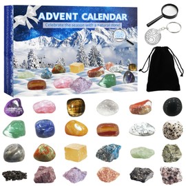 Crystal Advent Calendar 2024, 24 Day Christmas Countdown Calendar, Crystals and Healing Stones Natural Gemstones Collection Rocks Minerals Scientific with Magnifying Glass Keychain, Christmas Gift for Kids Boys Girls Men
