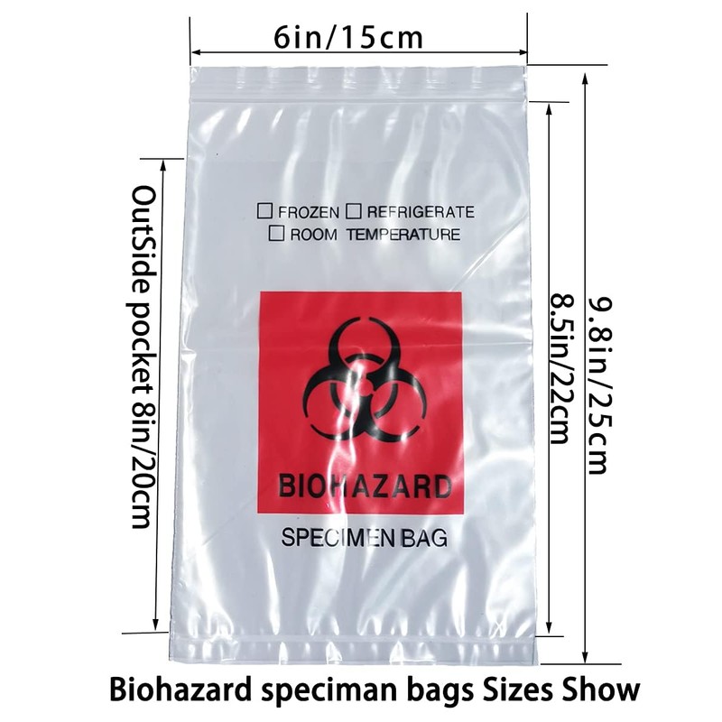 Daarcin Biohazard Specimen Bags,100pcs 6x9in/15x25cm with Biohazard Red Logo Printing,