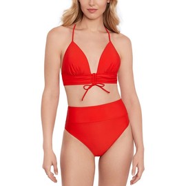 Salt + Cove Women's V-Neck Lace-Up-Back Midkini Top (Vermillion, Small)