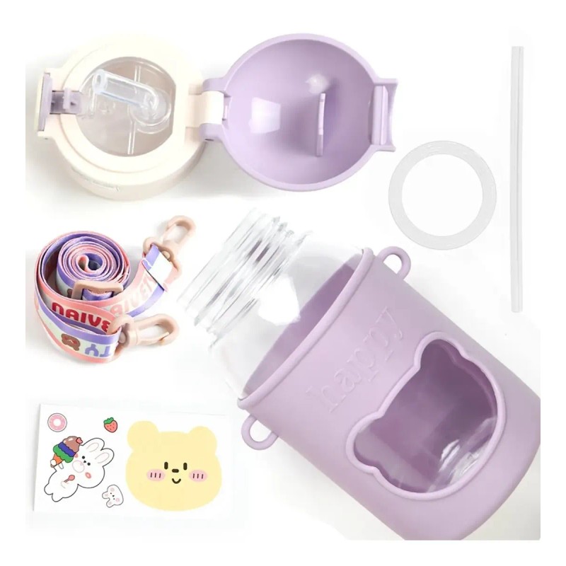 Botella De Agua Portátil Kawaii,con Correa Y Funda,2 Piezas