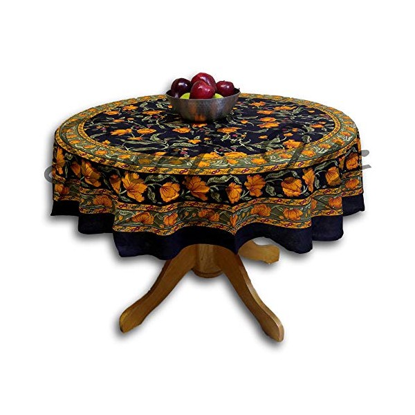 TC10904 - India Arts Tablecloth ~ Several Sizes Available ~ 100% Cotton (Black/Gold French Floral, 72" Round)