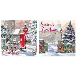 Eurowrap Assorted Christmas Cards Xmas Winter Village, 2 Designs Merry Christmas and Seasons Greetings - Pack of 12