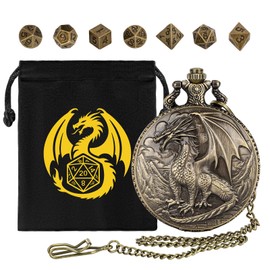 Mini DND Dice Set with Steampunk Dragon Pocket Watch Shell Case, 7pcs Polyhedral Metal DND Dice Set, DND Starter Set, D&D Gifts with Dragon logo Gift Bag, Role Playing Board Games Accessories, Bronze