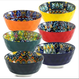YELLOYA Cereal Bowls Set of 6 – 26 oz ceramic Soup Bowls Bohemian, Colorful Porcelain Bowls for Salad, Pasta, Oatmeal, Rice, Fruit & Ice Cream – Microwave & Dishwasher Safe Kitchen Bowls