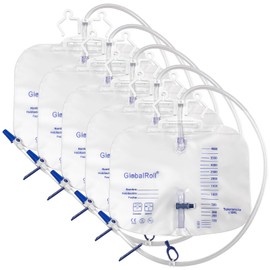 GlobalRoll Urinary Drainage Bag with Anti-Reflux Chamber, Bedside Drainage Bag 4000 mL with 48" Drainage Tube, Hook Hanger and Clips, Large Capacity Urine Bag for Home and Hospitals, 5 Pack