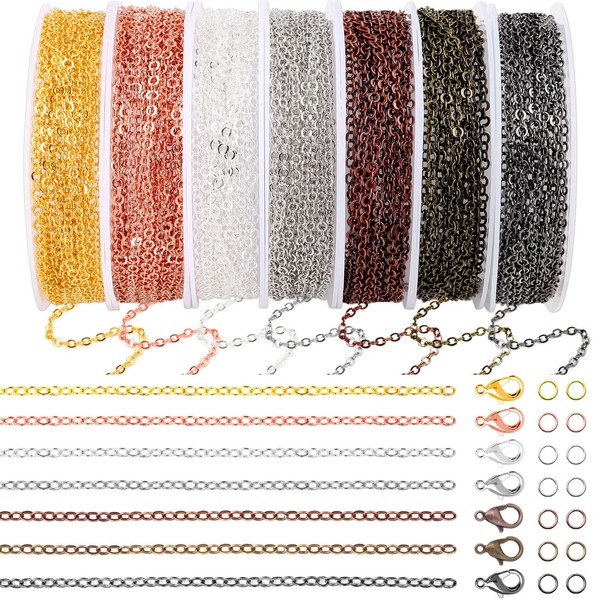 70Ft Jewelry Making Chains, 7 Colors 2mm Stainless Necklace Chains for Jewelry Making, Metal Chains Kit with 210Pcs Jump Rings and 70Pcs Lobster Clasps for DIY Jewelry Necklace Bracelet Anklet Making