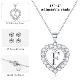 Heart Initial Necklace for Women, S925 Sterling Silver Initial Letter Pendant Necklace Womens Jewelry Mothers Day Gifts Valentines Birthday Christmas Gifts for Her Women Mom Wife Girls Girlfriend, Sterling Silver, Cubic Zirconia