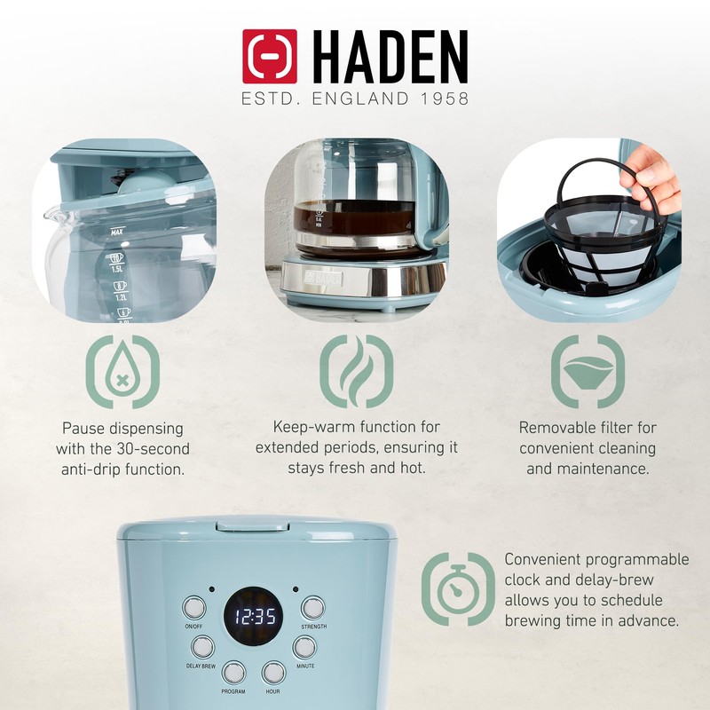 Haden Brighton Coffee Machine, 12 Cup Programmable Drip Coffee Maker