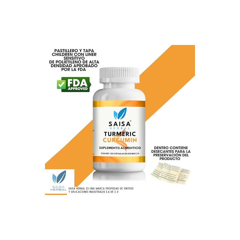 Turmeric Cúrcuma 100% Pura Con 120 Cápsulas Saisa Herbal