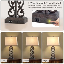 AIEAMPDO 25" Set of 2 Touch Modern Resin Table Lamps for Living Room with Dual USB Ports, 3-Way Dimmable Rustic Bedside Lamps, Farmhouse Nightstand Lamp for Bedroom Office Decor, 2 Bulbs Included