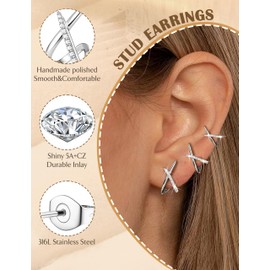 3Pairs Gold Earrings for Women - Hypoallergenic 14K Gold Stud Earrings Small Hoops Trendy Simple Minimalist Cubic Zirconia Stud Hoop Earrings for Women Gifts(S-CZ X-shape)