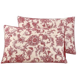 STYHO 100% Egyptian Cotton Floral Printed Decorative Pillow Cases 2 Pack Standard Size Luxurious Pillow Cover Envelope Closure for Hair and Skin(Red-Beige,50 x 75cm)
