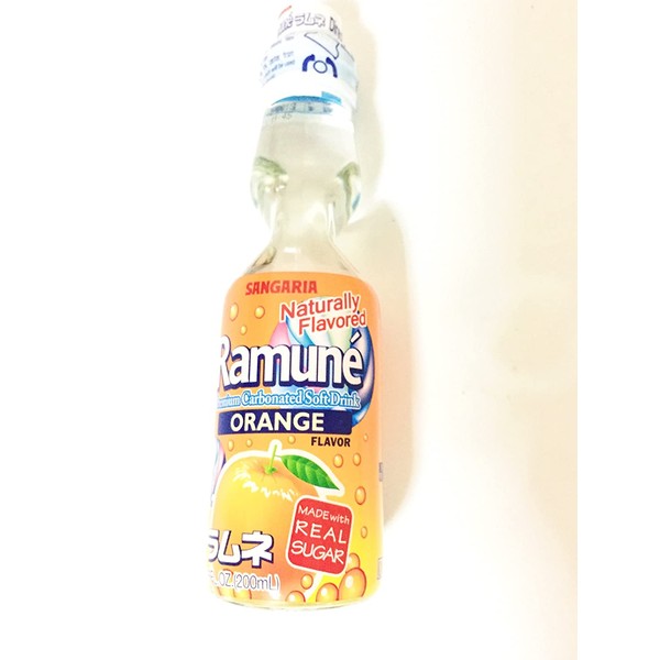 Sangaria Ramune Japanese Carbonated Soft Drink Orange Flavor 6 Pack (6.76Fl.Oz)