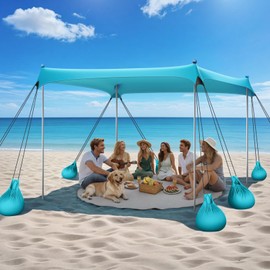 Raynesys Beach Tent Sun Shelter, 10 x 10 FT Beach Canopy Tent Sun Shade, UPF50+ Tents Canopy with 8 Sandbags & 4 Stability Poles, Outdoor Tents for Camping Fishing, Light Blue