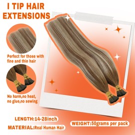 Sunny Hair I Tip Hair Extensions 50G Itips Human Hair Extensions for Women Real Human Hair Straight I Tip Hair Extensions Human Hair Medium Brown Balayage Platinum Blonde with Highlight 20inch