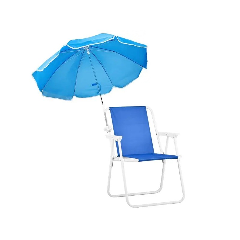 Blue Folding Beach Chair With Umbrella Aluminum Frame Lightweight Portable