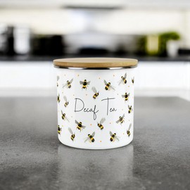 Purely Home Scattered Bees Decaf Tea Canister - White Metal Enamel Kitchen Medium Sized Food Storage Container