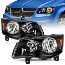TUSDAR Headlight Assembly Set Fit for 2008-2016 Chrysler Town & Country / 2011-2020 Dodge Grand Caravan Headlamp Black Housing with Amber Reflector
