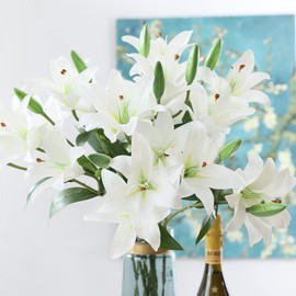 XIYUAN Artificial Tiger Lily Bouquet Lilies Flower with Rods 4 Bundlesof 12 Flower Heads for Home Table Party Garden Shop Office Decoration Artificial Flower(White)