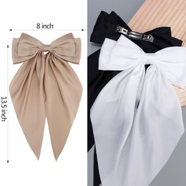 MKUCCD 3Pcs Hair Bows for Women White Black Hair Bow Khaki Big Bows Clips for Girls Silky Satin Large Hair Ribbons Oversized Tail Bows Hair Barrettes Hairs Accessorie (Black+White+Khaki)
