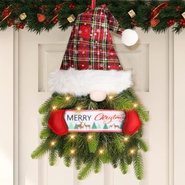 Fohil Gnome Christmas Wreath, Artificial Gnome Christmas Door Wreath with Lights, Gnome Christmas Wreath with Pine Needle for Outdoor Door Window Wall Mantel Christmas Decoration