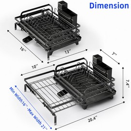 Kitchen Dish Drying Rack – Multifunctional & Expandable Dish Drainer; Rust-Resistant, Durable, and Stable; Features Adjustable Feet, Utensil Holder, and Removable Drip Tray (Black)