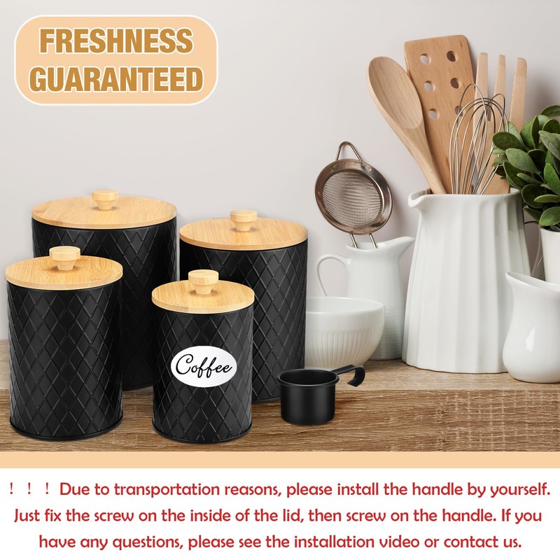 Reallnaive 4 Pcs Black Coffee Canister Set for Kitchen Countertop