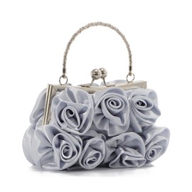 EVEOUT Elegant Satin Flower Evening Handbag with Chain for Women Wedding Bag Bridal Clutch Handbag Purses, silver grey, Elegant