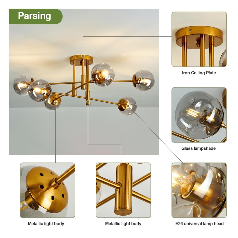 SZXYKEJI 6-Lights Glass Globe Chandelier Modern Flush Mount Ceiling Light