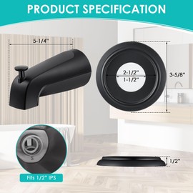 Universal Bathroom Tub Spout with Metal Tub Spout Cover Ring, 5 1/4 Inches Reach Wall Front Mount Faucet with Shower Diverter 1/2" IPS Inside Thread(Matte Black)