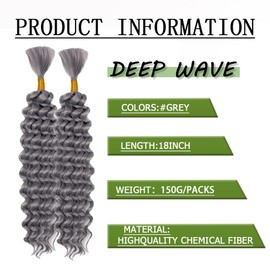 Deep Wave Bulk hair for Braiding Wet and Wavy Micro Braiding Hair No Weft Faux Deep Wave Braiding Hair Extensions for Box Boho Braids 150g with 2Bundles #grey (18Inch)