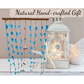 Starfish Seashell & Sea Glass Hanging Wall Art - Handcrafted w/Natural Seashells, Blue Sea Glass Art, Driftwood Hanger, Ocean Coastal Wall Decor (Large Sea Glass Decor)