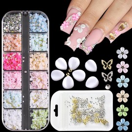 Fcozpjk Flower Nail Charms, 3D Acrylic Flowers Petals Colorful Floral Nail Gems Gold Silver Butterfly Charms Tiny Caviar Beads Pearl Rhinestones Manicure Decoration