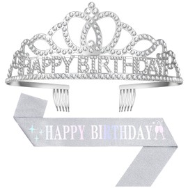 Papoopy Birthday Tiara Crown with Sash for Adult Women, Birthday Sash for Party Decorations Silver