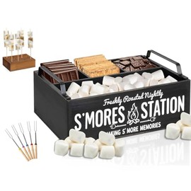 Pfima Smores Station Wooden Caddy with Handles – Rustic Farmhouse Smores Bar Organizer with Free 6 Forks,Wooden Stand, 30Bamboo Sticks, Perfect for Fire Pits,Camping,BBQs