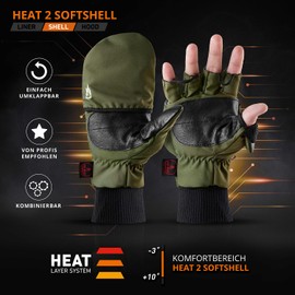 The Heat Company Heat 2 Softshell Fingerless Touchscreen Glove and Mittens In One, Quality from the Alps, Warm Winter Gloves and Cycling Gloves against Cold during Sports and Work, green