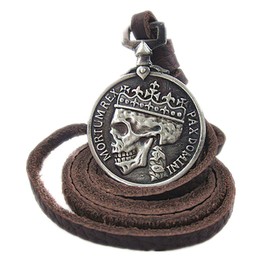 ODETOJOY Antique Brzone Leather Skull Necklace for Men Classic Coin Brown Genuine Leather Pendant Necklaces Steampunk Chunky Pendants Jewelry Women Choker (Retro Silver)