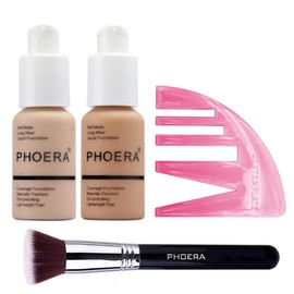 Phoera Foundation Makeup Set - Includes Nude & Buff Beige 30ml Matte Foundation, Phoera F80 Flat Kabuki Brush & Contomplate Contour Stencil for Sharper, Defined Functions