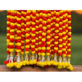 KRATI EXPORTS 5 Pc 5 feet Long Marigold Garland for Decoration Long Strands Artificial Marigold Flowers | Indian Décor for Pooja | Wedding | Christmas | Diwali Decor