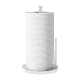 Paper Towel Holder Countertop, Standing Paper Roll Holder with Anti Slip Weighted Base, Stainless Steel Freestanding Paper Towel Holder for Kitchen, White