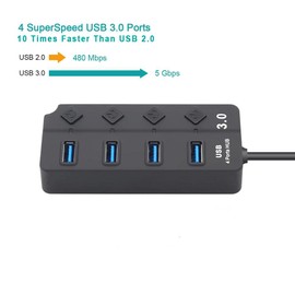 USB Hub 3.0 - USB Extender Splitter for Laptop with Individual Switch, 1 to 4 Multiport USB Adapter Extension Hub for Computers (4 Ports USB 3.0 with Switch Control & Indicator Light)