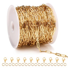 LinHomguy [16.5 Ft] Gold Chain for Jewelry Making, 18K Gold PVD Plated Charm Chains for Jewelry Making, Gold Color Retention Paperclip Chain Roll with Lobster Clasps and Jump Rings (5M)