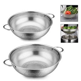 Colander Set of 2, Heavy Duty Stainless Steel Micro-Perforated Strainer Mesh Colander with Handle for Draining Rinsing Washing Pasta Vegetables Fruits, Dishwasher Safe -3/5 Quart