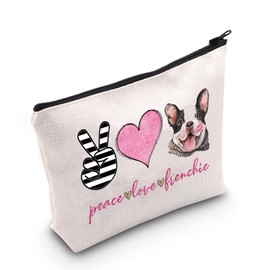 LEVLO - Bolsa de maquillaje de Bulldog francés para dueño de perro, regalo de paz, amor, francés, maquillaje, bolsa con cierre, bolsa de regalo para perro francés, Peace Love Frenchie