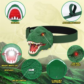 Nitigo Dinosaur Headlamp for Kids Flashlight Led Headlights Roar & Silent Mode, T-Rex Dinosaur Toys for Kids 3-5 4-6 5-7 6-8, Camping Gear, Valentines Day Gifts for Boys Girls Adults