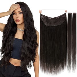 Ugeat Invisble Wire Human Hair Extensions Darkest Brown Hair Extensions with Adjustable Wire Hair Extensions and 2 Pieces Clip in Hair Extensions 18 Inch Silky Straight Hair Extensions 90 Grams