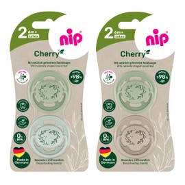 Now even more tooth-friendly: nip Cherry dummy, flat teat in cherry shape made of natural rubber, breastfeeding-friendly, BPA-free, sustainable, from 6 months, pack of 4, light green/brown