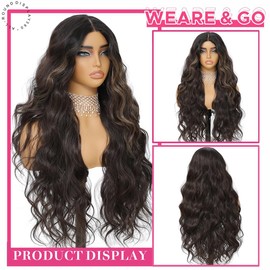 XCHJH 30 Inch Synthetic Lace Front Wig, 4X1 Glueless Pre-Cut Lace Wear and GO Synthetic Wavy Wig for Women Body Wave Middle Part, Beginner-Friendly for Daily Use (Skunk Stripe Brown)